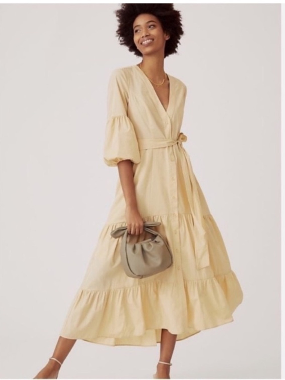 Anthropologie Maeve Cottagecore Puff Sleeve Beige Tiered Midi Dress